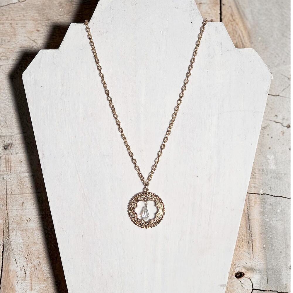 Vintage Gold Metal Necklace Circle Pendant And AB Rhinestone Crystal Dangle